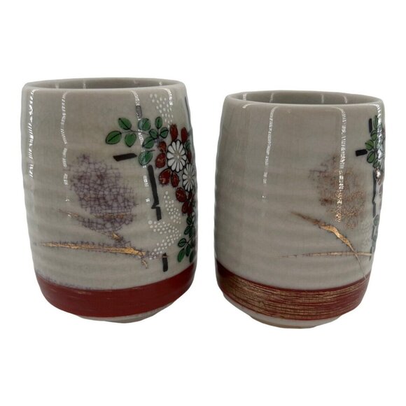 Kutani Porcelain Japanese Tea Cups Ikebana Set of 2 Floral Arrangement - Picture 4 of 9